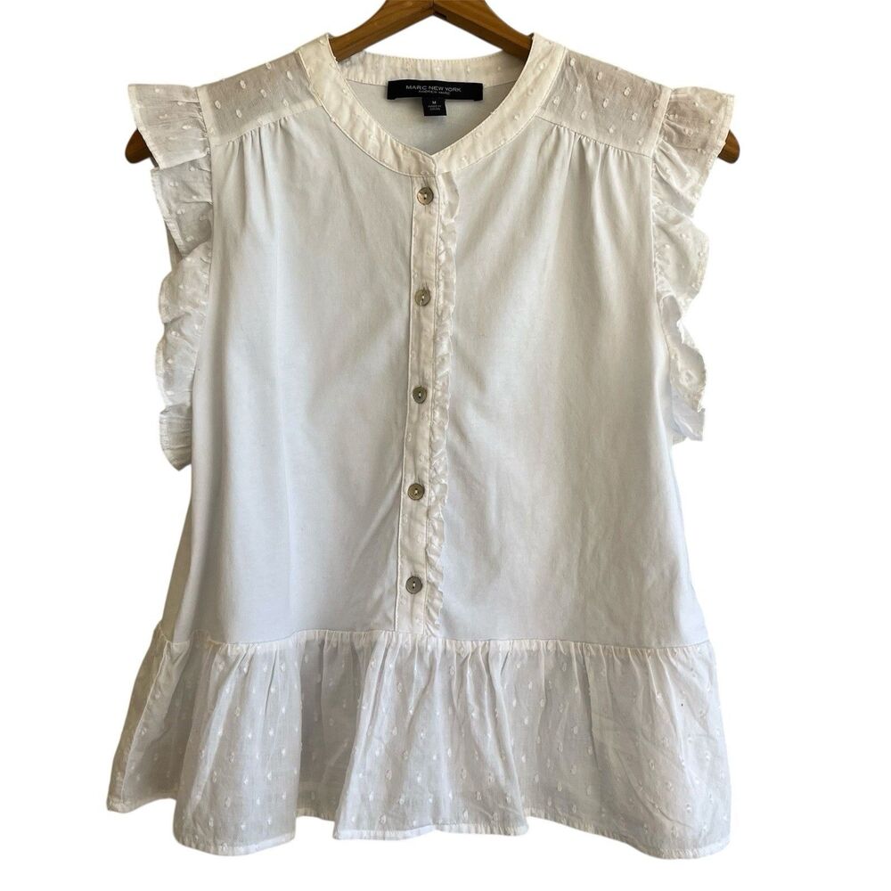 Marc New York White Ruffle Sleeve Swiss Dot Peplum Blouse